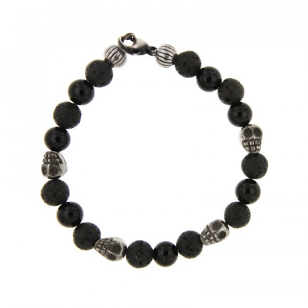 Bracelet Argent ANTIKA D8 Lave & Onyx Brillant-Tête/mort pierre  