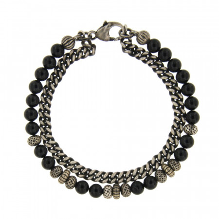 Bracelet Argent ANTIKA Double gourmette 5mm - Agate noire 6-22cm
