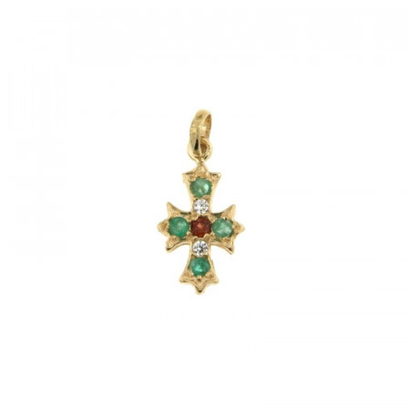 Pendentif CROIX BAROQUE 4 Emeraudes & Rubis Or 375°°°