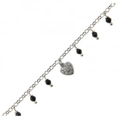 Bracelet Argent COEUR OZ + PP perles noire 16+3cm