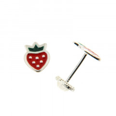 Boucles d'oreilles FRAISE laque Rose/Verte Argent - Vis