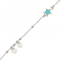Bracelet Argent Etoile turquoise/chaine ble et mini coeurs 16+2cm