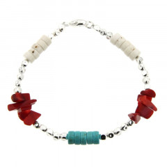 Bracelet Argent MASSAÏ/2  CUBI Chips/disk Turquoise/rouge/blanc 19cm