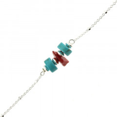Bracelet Argent MASSAÏ/2  Chips Rouge/Ch-cub/ disques turquoise 16+2,5cm