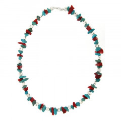 Collier Argent MASSAÏ/2  Bles Applaties Chips Turquoise/rouge 40cm