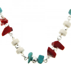 Collier Argent MASSAÏ/2  Chips/disk DUO chaine Turquoise/rouge/blanc 40cm