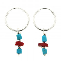 Créoles Argent MASSAI/2 -  MM 2 cubes turquoise, 1 Chips rouge