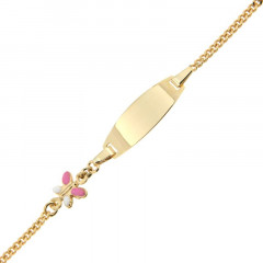 Bracelet Identité Bébé Or 375°°° PAPILLON ROSE CH GOURMETTE- 12+2cm